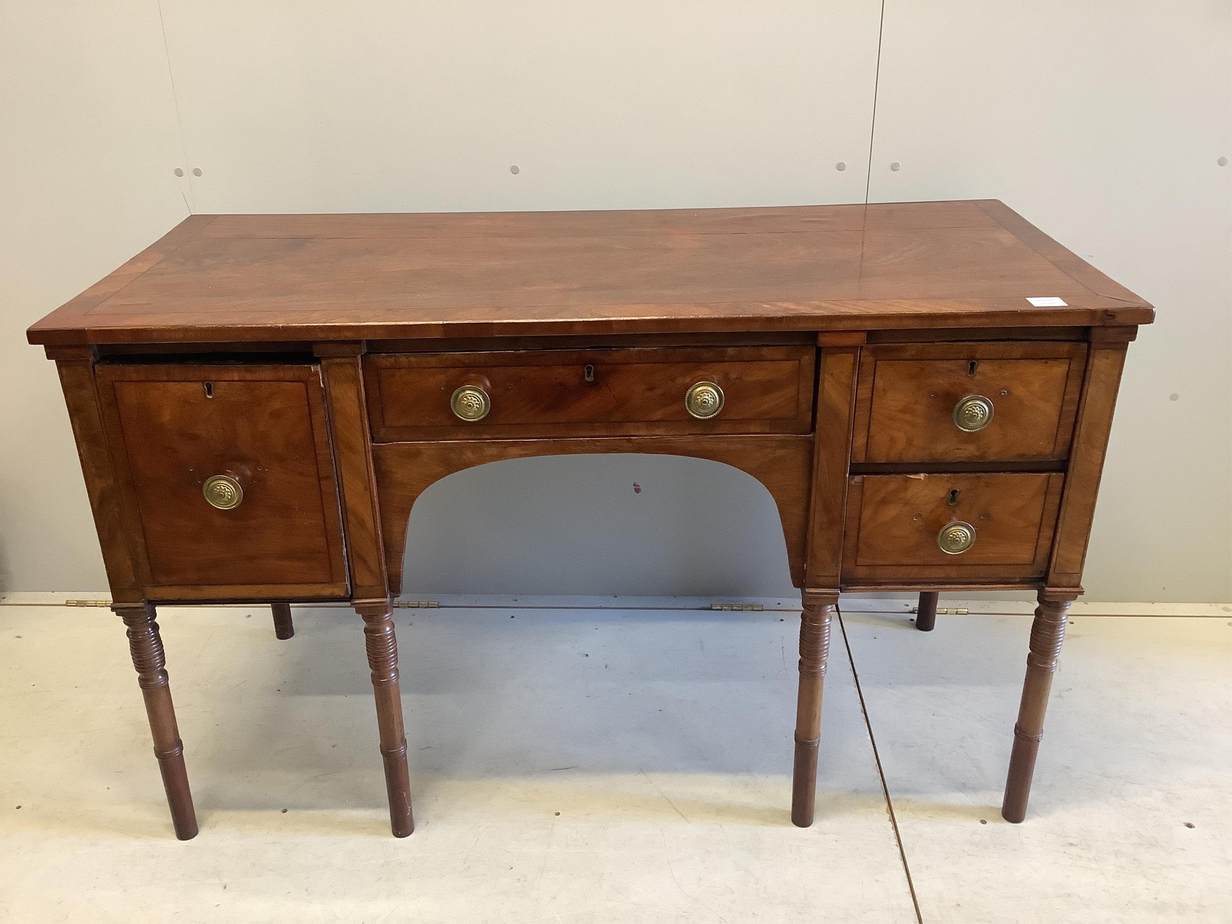 A Regency mahogany sideboard, width 137cm, depth 60cm, height 84cm. Condition - poor